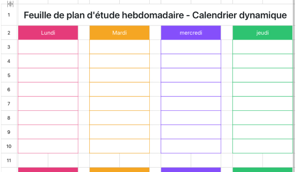 Feuille de plan d'étude hebdomadaire - Calendrier dynamique